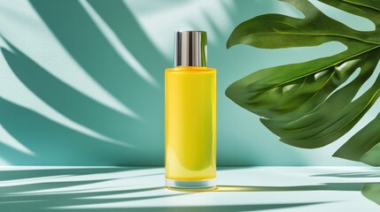 Poster - Bright Yellow Bottle with Leaf Shadows and Soft Background