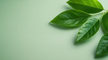Poster - Fresh green leaves arranged aesthetically on a soft green background, symbolizing nature and tranquility.