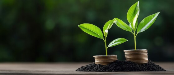 Wall Mural - Green Seedlings Emerging from Soil Surrounded by Coins Symbolizing Financial Growth and Environmental Sustainability