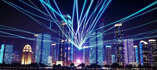 Poster - Vibrant cityscape light show with dynamic laser beams in urban night skyline