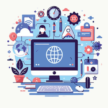 computer, technology, digital, business, communication, laptop, tech, device, design, pc, work, internet, office, web, desktop, monitor, employee, information, modern, data, electronic, vector, backgr