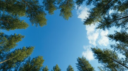 Wall Mural - A serene view of tall pine trees framing a bright blue sky dotted with clouds, perfect for nature-themed projects, meditation spaces, or outdoor adventures, Ideal for websites, brochures