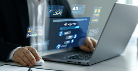 Poster - Image generator, documents, marketing and advertising, bot writing and coding.Interaction with the Ai assistant to solve some tasks more easily. Person using laptop with Ai Content Generator.	