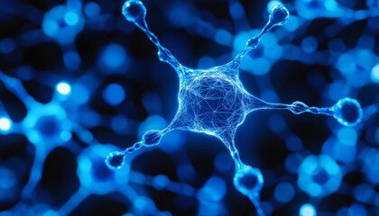 Poster - Abstract Neural Network Blue Hexagonal Cells, Connecting Lines, and Light Flares on Dark Background