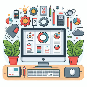 computer, technology, digital, business, communication, laptop, tech, device, design, pc, work, internet, office, web, desktop, monitor, employee, information, modern, data, electronic, vector, backgr