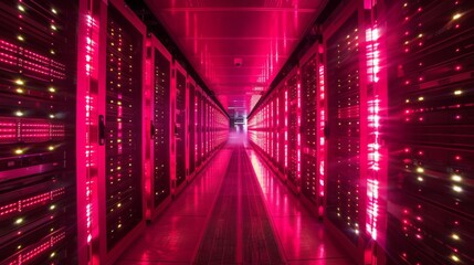 Leinwandbilder - A corridor of a data center glows with bright pink lights, revealing rows of servers lined up neatly along the walls. The atmosphere is vibrant and high tech, emphasizing the busy activity inside.
