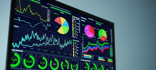 Poster - Dynamic data analytics showing economic trends and market volatility on computer screens