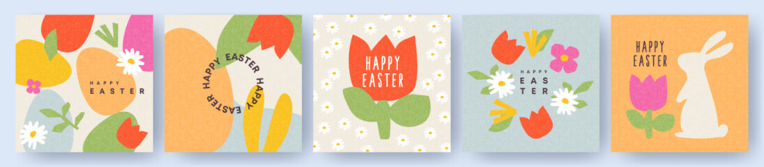 Wall Mural - happy easter set of cute greeting card, poster, holiday cover or web banner. trendy design with typo