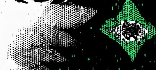 Poster - Dynamic abstract motion with black and green halftone patterns and swirling shapes