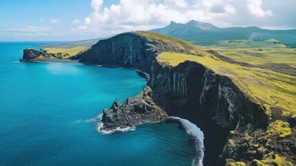 Wall Mural - Aerial View of Dramatic Volcanic Coastline with Turquoise Ocean