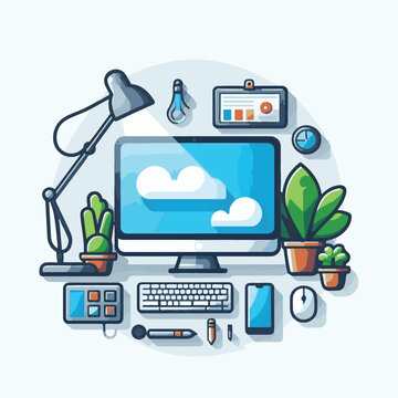computer, technology, digital, business, communication, laptop, tech, device, design, pc, work, internet, office, web, desktop, monitor, employee, information, modern, data, electronic, vector, backgr