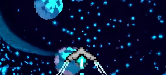 Wall Mural - pixelated spaceship travels through vibrant cosmic meteor shower in retro style animation
