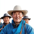 © khonkangrua - Traditional Portrait of Smiling Nomadic Man in Hat Surrounded by Fellow Herdsmen in Outdoor Landscape