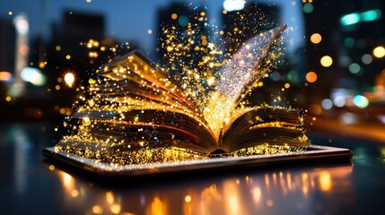 Poster - Glowing Magical Book Emitting Bright Sparkling Light in Darkness Fantasy Literature and Learning Concept with Mystical Illumination
