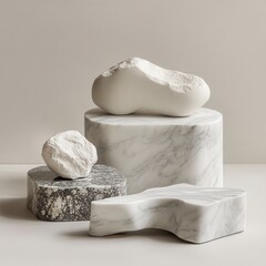 Poster - Serene studio shot featuring marble plinths and abstract plaster forms evoking minimalist elegance and sculptural composition for artistic expression