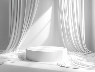 Poster - Elegant display podium with flowing white curtains in a minimalist studio setting showcasing serene light and shadow for product presentation and artistic photography