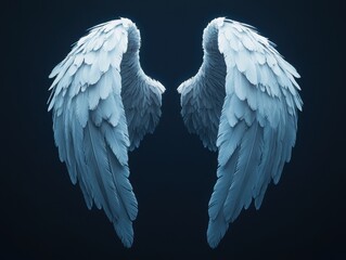Poster - Ethereal angel wings in soft blue hues against a dark background creating a serene and mystical atmosphere perfect for fantasy themes
