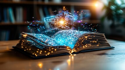 Poster - Magical open book glowing with enchanting lights sparks and swirling energy symbolizing the wonder imagination and transformative power of reading learning and literature