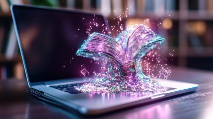 Poster - Bursting book of creativity and innovation unleashes digital a laptop transforms into a universe of ideas sparkles and endless possibilities for the future