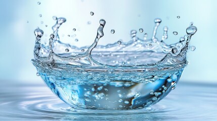Poster - Dynamic water splash crown in glass bowl against soft blue background capturing fluid motion and freshness perfect for hydration and purity concepts