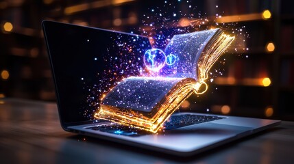 Poster - Mystical fantasy book emitting captivating aura of shimmering cosmic energy and luminous galactic light displayed on futuristic digital screen showcasing the wonder of scientific innovation