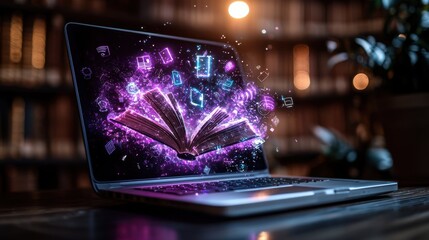 Poster - Enchanting digital laptop displaying an ethereal glowing book with mesmerizing lights magical sparkles and a captivating otherworldly digital This image evokes a sense of imagination innovation