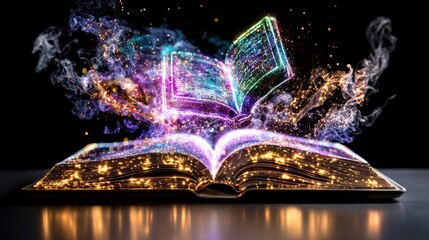 Poster - Magical book opening and revealing a cosmic galaxy of stars nebulae and celestial wonders in a starry night sky background  Concept of knowledge imagination discovery and the power of learning
