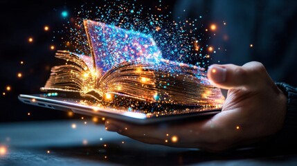 Poster - Enchanting open book with glowing shimmering pages that emanate a mystical ethereal light and sparkling energy representing the power of imagination curiosity and the of secrets and wisdom