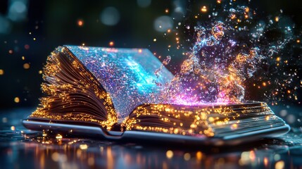 Poster - Enchanting open book glowing with ethereal light surrounded by captivating celestial particles and shimmering radiant sparks   a mesmerizing display of mystical otherworldly wonder and imagination