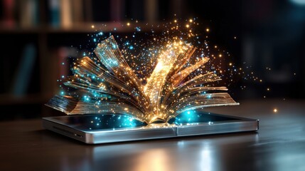 Poster - Magical open book glowing with captivating sparks and ethereal light symbolizing the power of knowledge wisdom and transformative discovery  The pages of the book radiate a mesmerizing