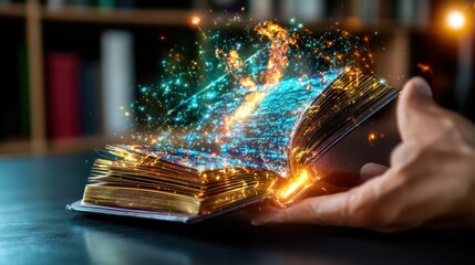 Poster - Mystical book open on a table emanating a glowing sparkling light from its pages representing the power of knowledge wisdom and the imagination to transform and enlighten