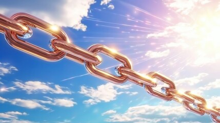 Poster - Interconnected Metal Chain Against Bright Sky and Clouds   Conceptual Image Representing Technology Engineering and Digital Progress
