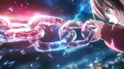 Poster - visually striking digital depicting a futuristic energy chain with glowing particles in dynamic elec