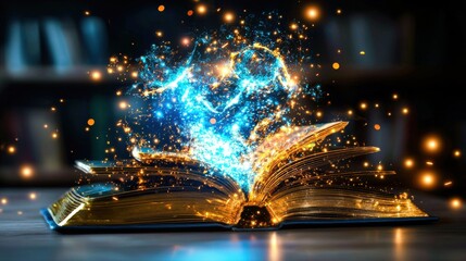 Poster - Mystical open book glowing with magical sparks and otherworldly illumination representing the power of knowledge wisdom and imagination  A fantastical visionary