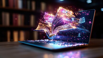 Poster - A captivating digital showcasing a glowing enchanting book emerging from the screen of a laptop symbolizing the transformative power of technology innovation