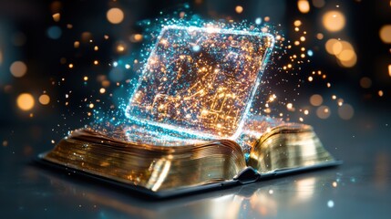 Poster - Glowing open book with magical light emanating from the pages symbolizing the power of creativity knowledge and innovation  The book appears to be a mystical tome or spellbook