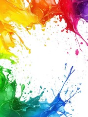 Poster - Vibrant rainbow paint explosion on a white background creating a dynamic and colorful abstract design perfect for artistic projects and creative concepts