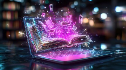 Poster - Glowing Magical Book Emerging from a Futuristic Laptop Display   Conceptual Image of Technology Knowledge and Imagination Colliding in a Surreal Captivating Scene