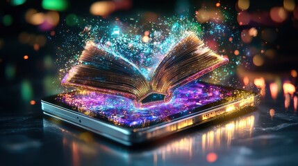 Poster - Magical open book filled with sparkling light and energy displayed on a modern digital device representing the power of imagination learning and the transformative nature of knowledge