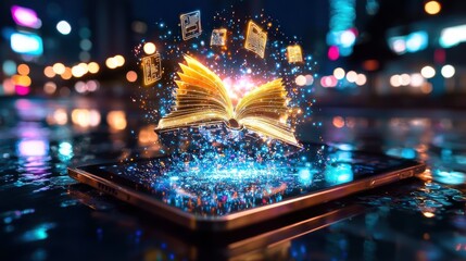 Poster - Enchanted book with glowing pages and cosmic energy floating in a starry night sky symbolizing the power of knowledge creativity and imagination as it transcends the boundaries of the physical world