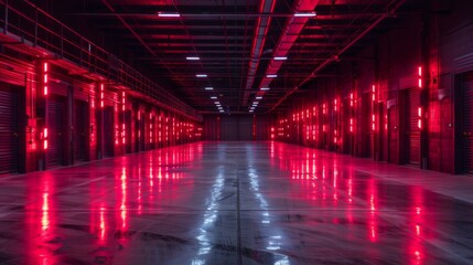 Aufkleber - Bright red lights line the walls of an expansive industrial storage area, creating a striking visual effect on the polished concrete floor in a dark setting.
