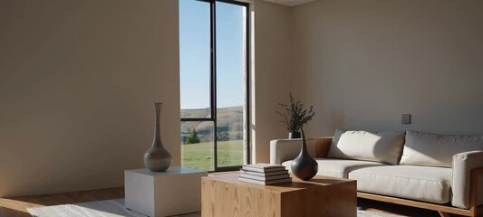 Poster - Sunlit modern living room with cozy sofa and scenic view progression