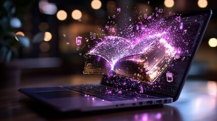 Poster - A laptop computer experiencing a dramatic glitch or malfunction surrounded by a mesmerizing otherworldly display of cosmic energy neon lights and dynamic luminous effects
