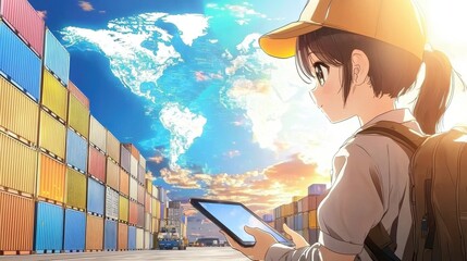 Poster - Young businesswoman using laptop computer while working remotely in logistics and global trade concept  Background with colorful cargo containers and sunset world map representing productivity