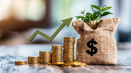 Poster - Financial Growth and Investment Concept Represented by Rising Graph Arrow and Dollar Money Bag with Seedling Plant Illustrating Profit Wealth and Sustainable Development