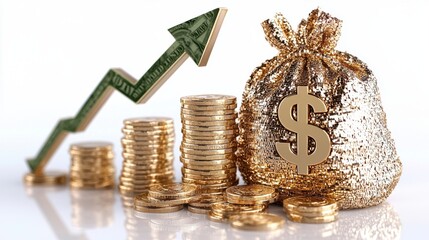 Poster - Financial growth and investment concept with rising graph dollar bag and stacked coins on white background  Representing business success profit economy and money management