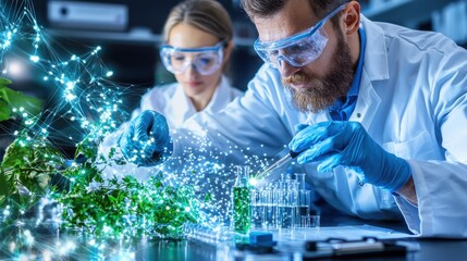 Poster - futuristic laboratory setting with scientists conducting an experiment using advanced scientific equ