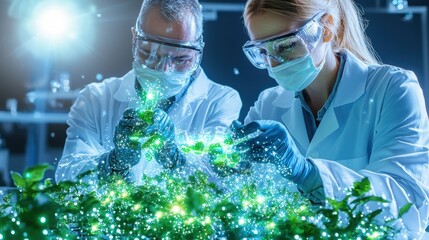 Poster - two scientists in protective lab attire closely examining a glowing plant specimen under a microscop