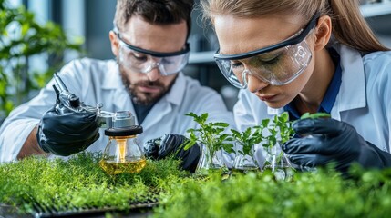 Poster - two scientists in lab coats and protective glasses examining a green plant specimen under a microsco
