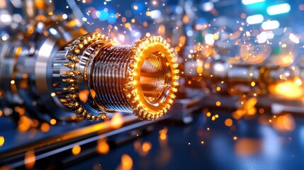 Poster - Close up view of the intricate metallic gears spindles and components of an industrial machinery or engineering device with shiny surfaces and sparks flying
